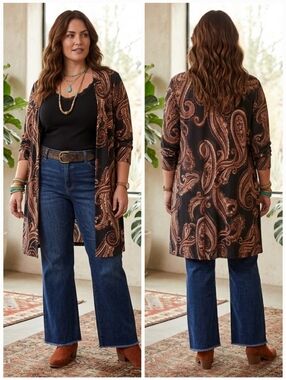 Laura 1X Modern Bohemian 70s Hippie Resortwear Earthy Paisley Silky Knit Kimono